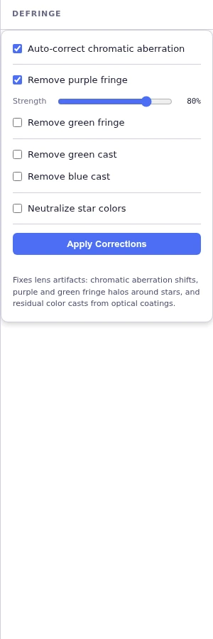 Defringe correction options and checkboxes