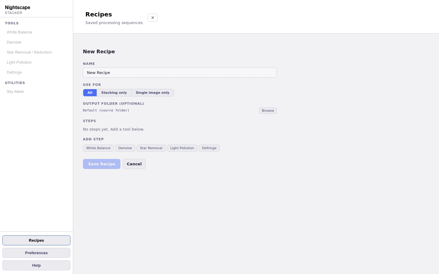 Recipe builder showing ordered steps with parameter sliders