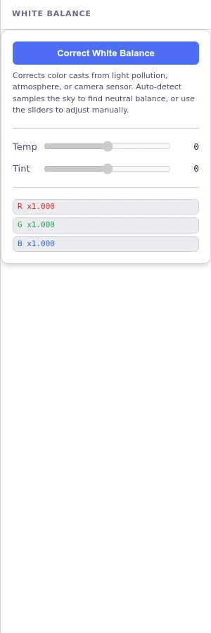 White Balance controls: Correct button, Temperature and Tint sliders, and R/G/B gains